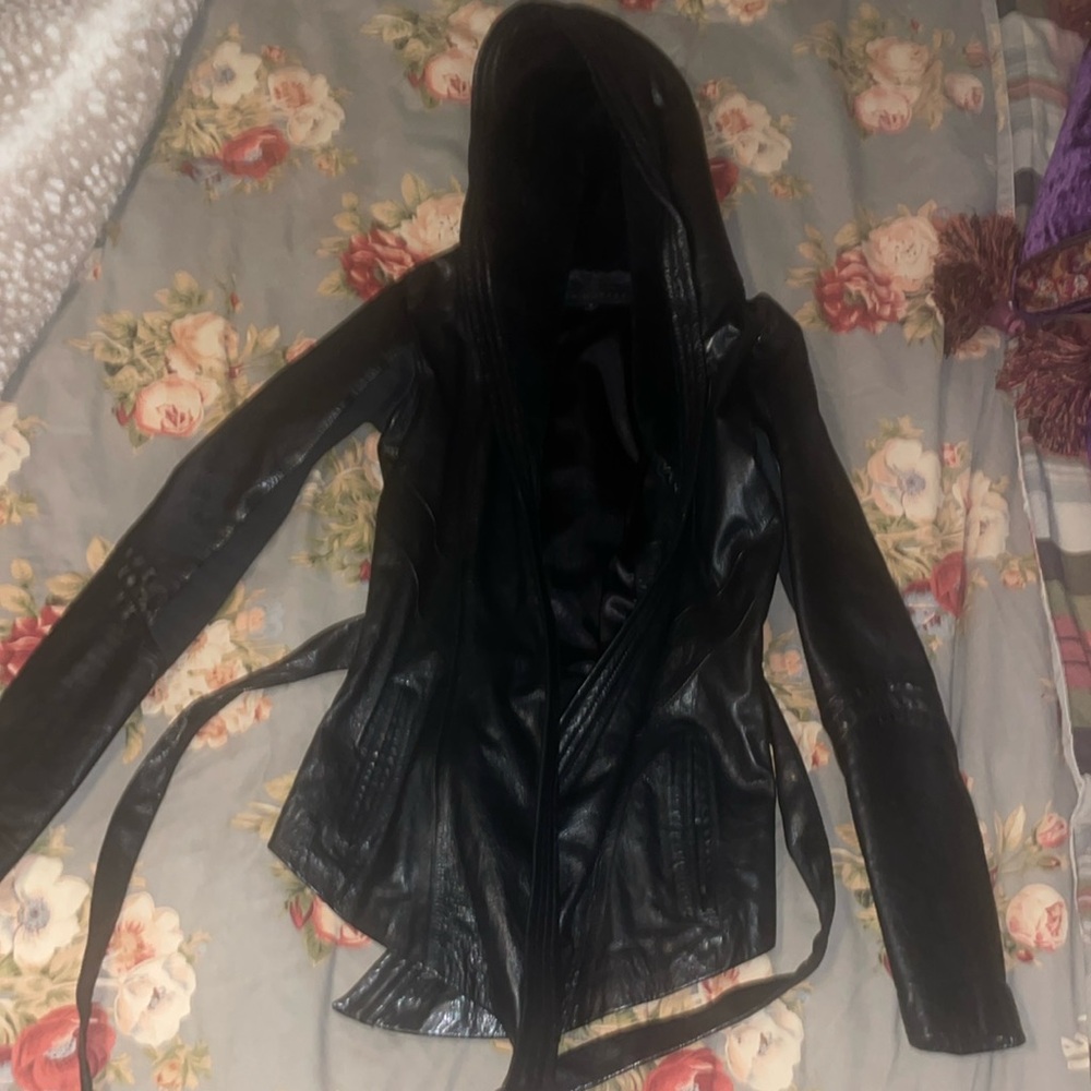 Black leather SKINGRAFT hooded jacket